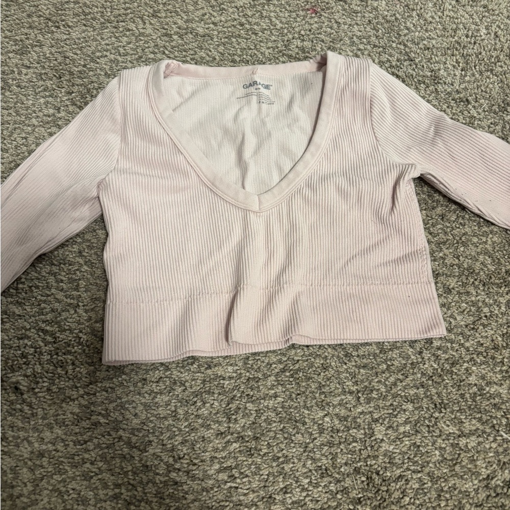 Garage Women's Light Pink Ribbed V-Neck Blouse
